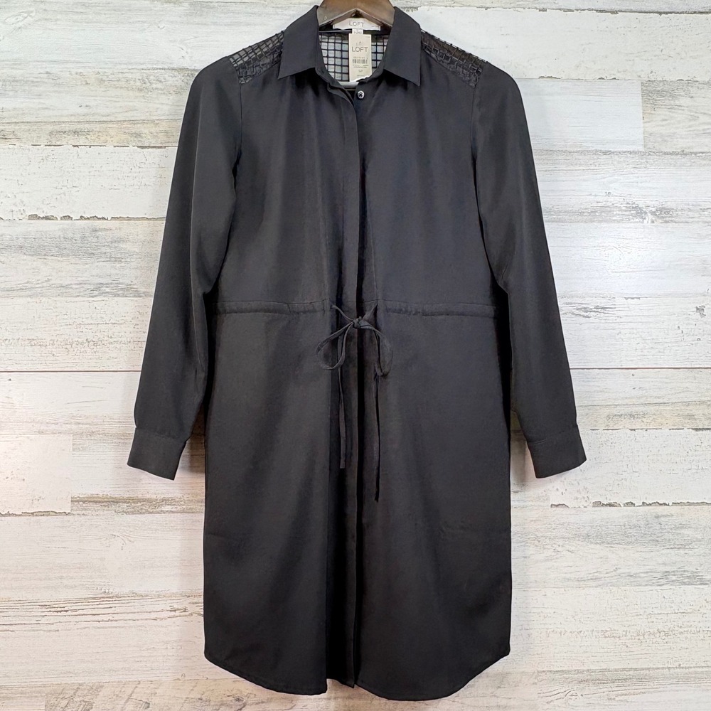 Ann Taylor Loft Womens Black Mesh Shoulder Drawstring Shirt Dress SP Utility‎